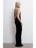 Halter Neck Lace Patchwork Black Maxi Dress