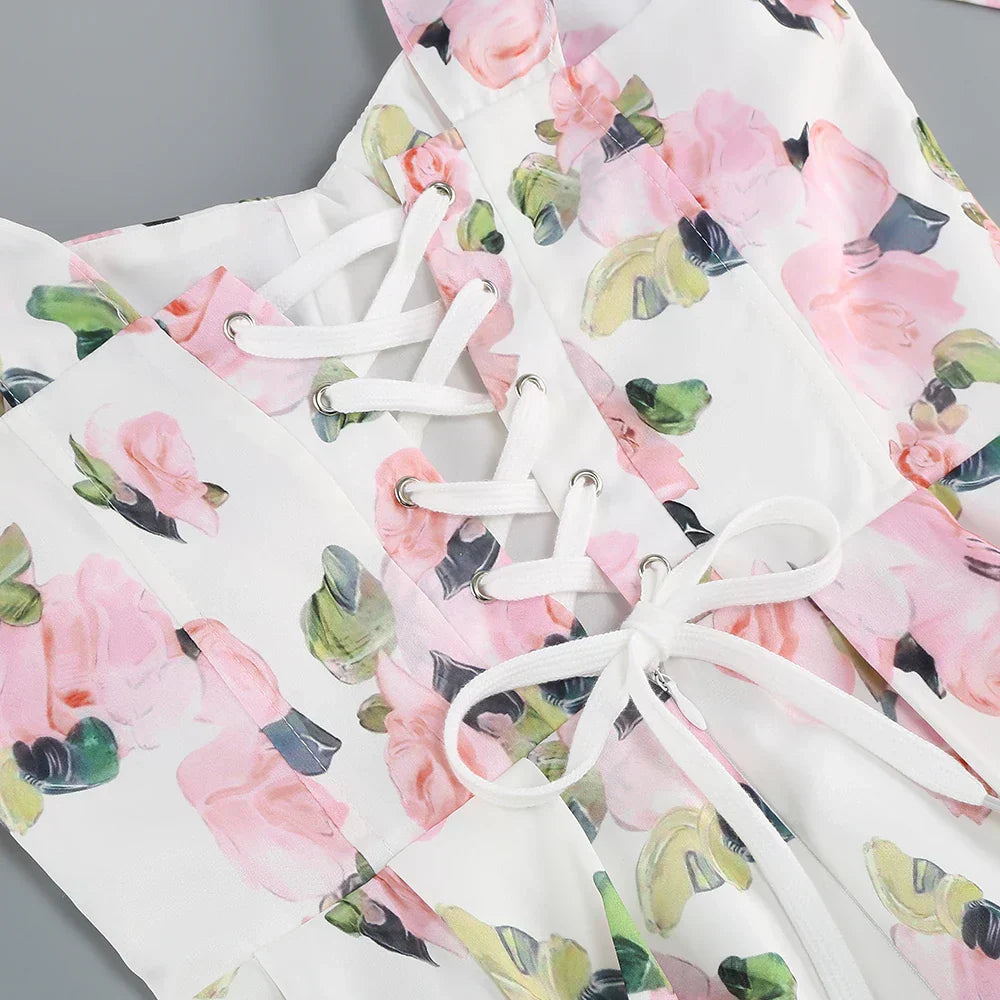 Floral back lace - up suspender dress