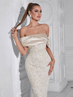 Slash Neck Embossed Flower Beige Dress