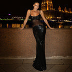 Sheer Mesh Spaghetti Strap Glitter Long Dress