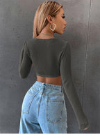 DressBetty - Long Sleeve Square Neck Knitted Crop Top Women Y2k Sexy T Shirts