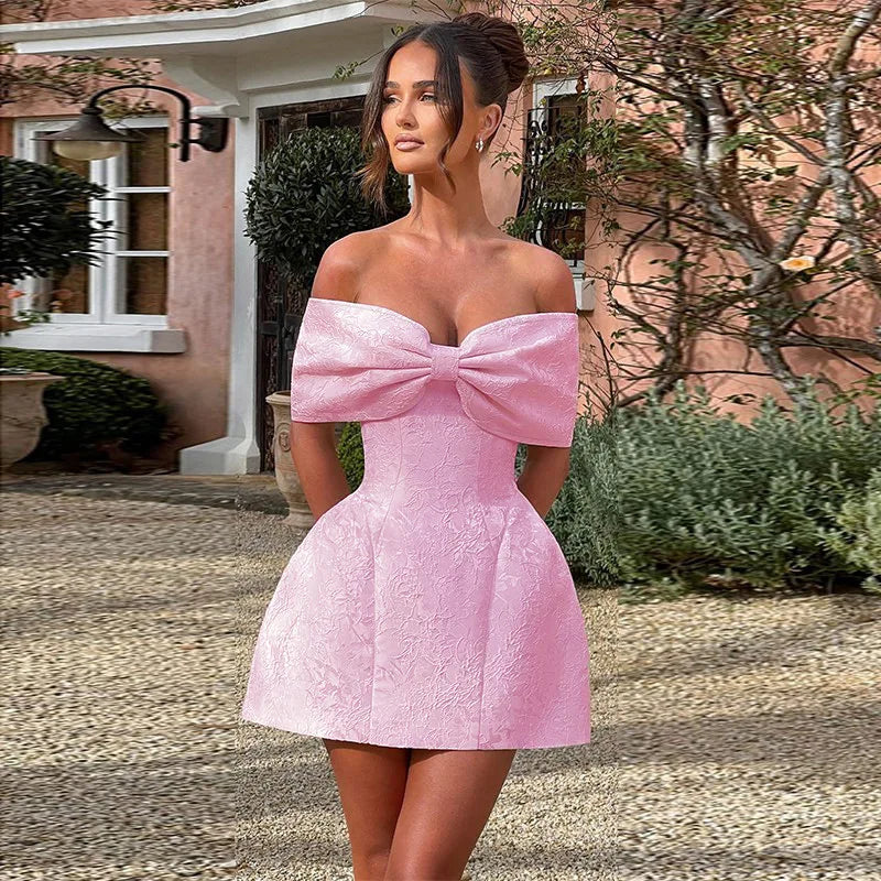 Bow Off Shoulder Backless A - line Jacquard Party Dress
