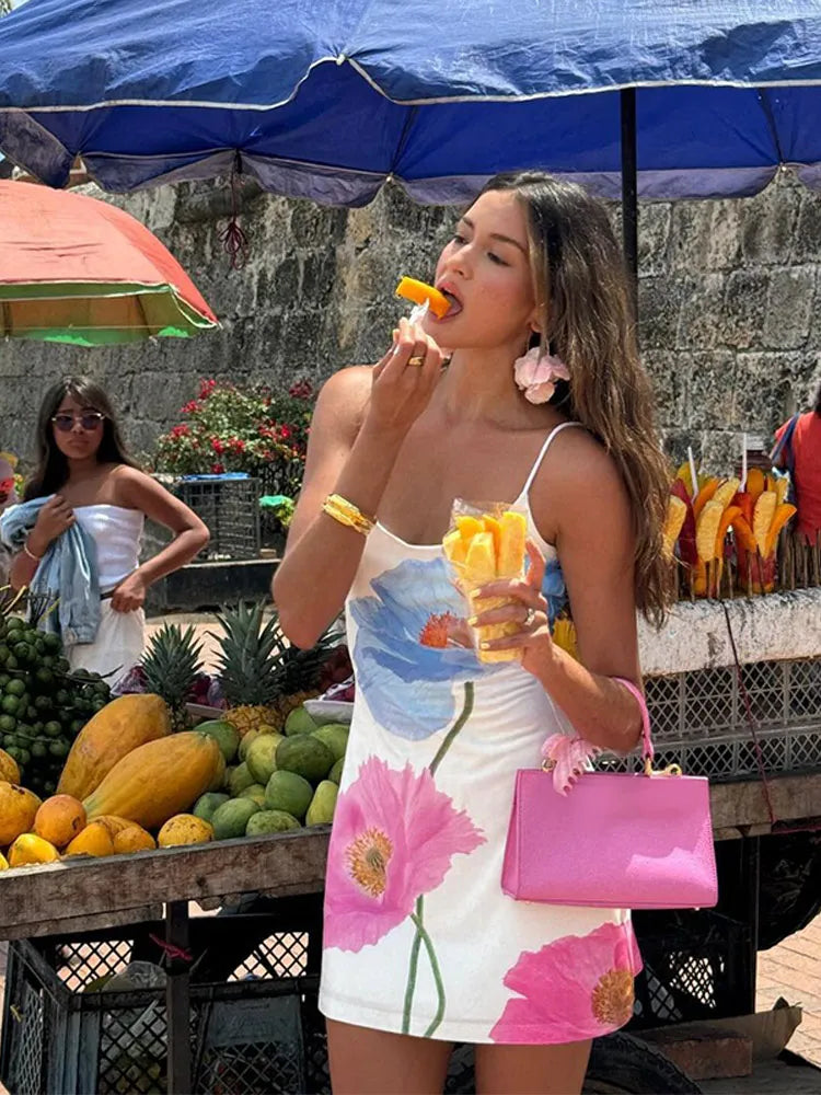Fashion Flower Printed Women Sling Dress Elegant U neck Backless Bodycon Dresses Summer Lady Chic Beach Vacation Robes 2024