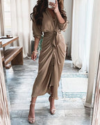 Button Ruched Printed Casual Short Sleeve Work Dress