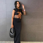Chic Irregular Mini Tank Long Ruffles Solid Elastic Two Piece Skirt Set