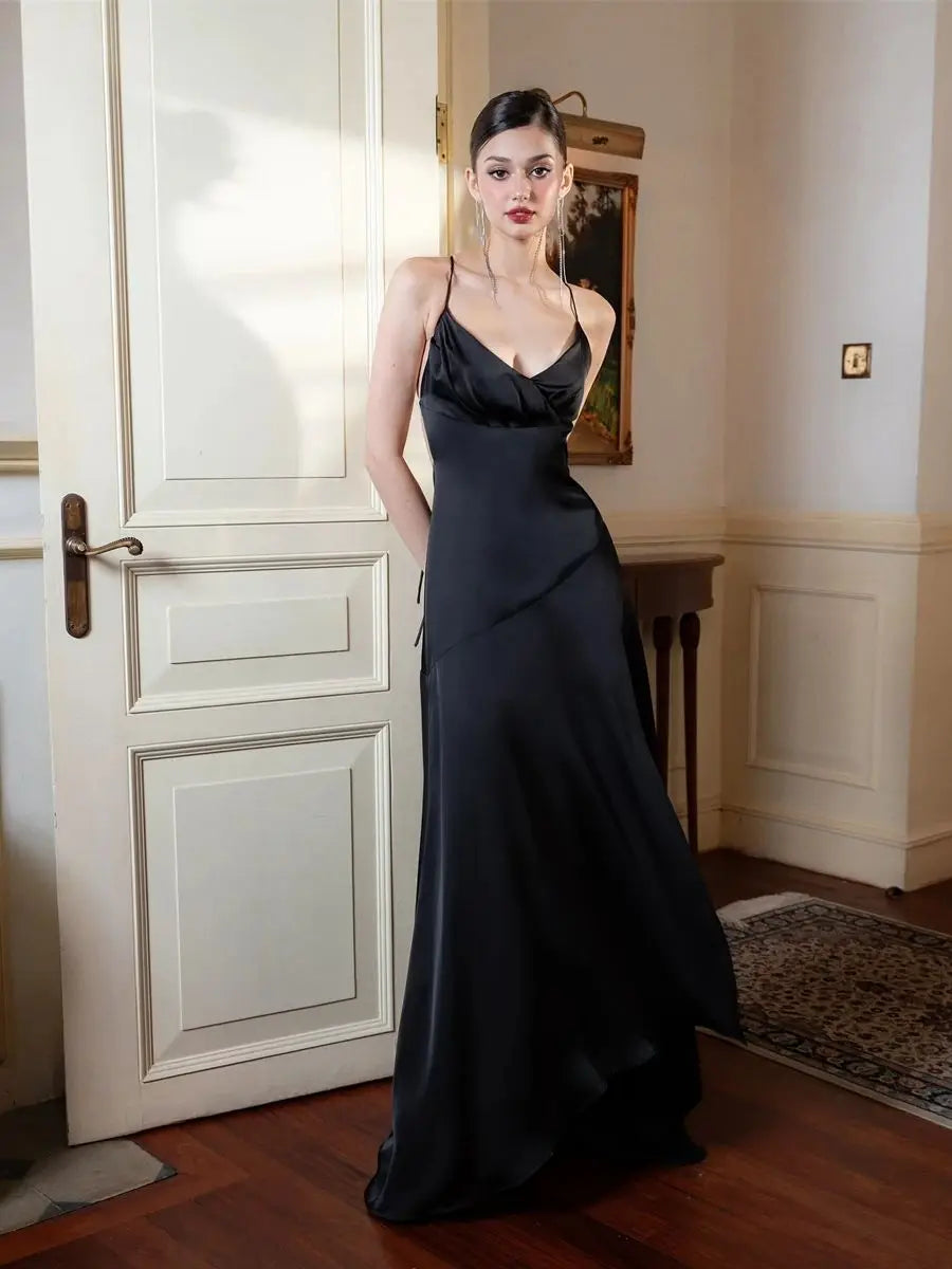 Black Satin Vneck Sleeveless Silk Dress