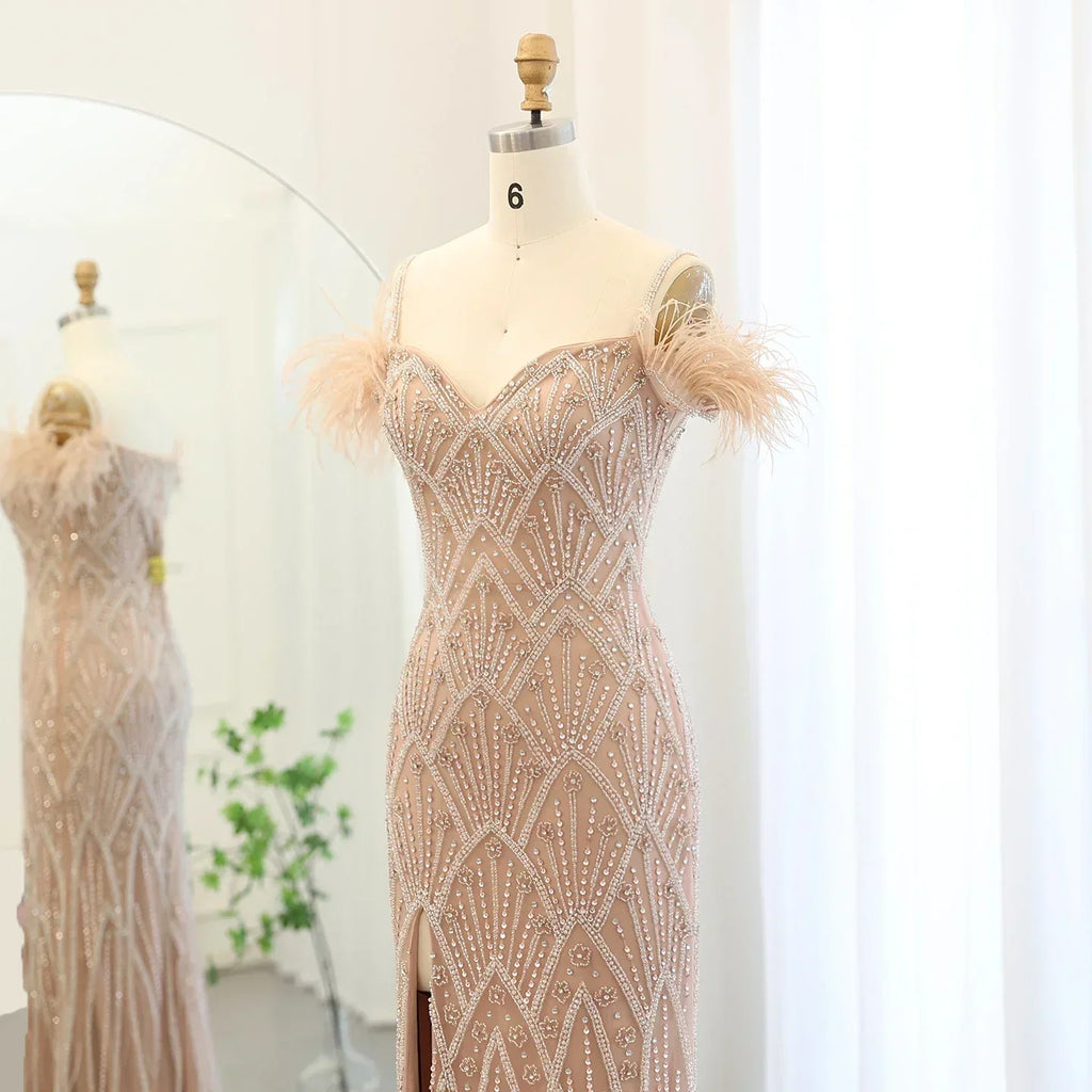 Feathers Beaded Long Prom Formal Gowns