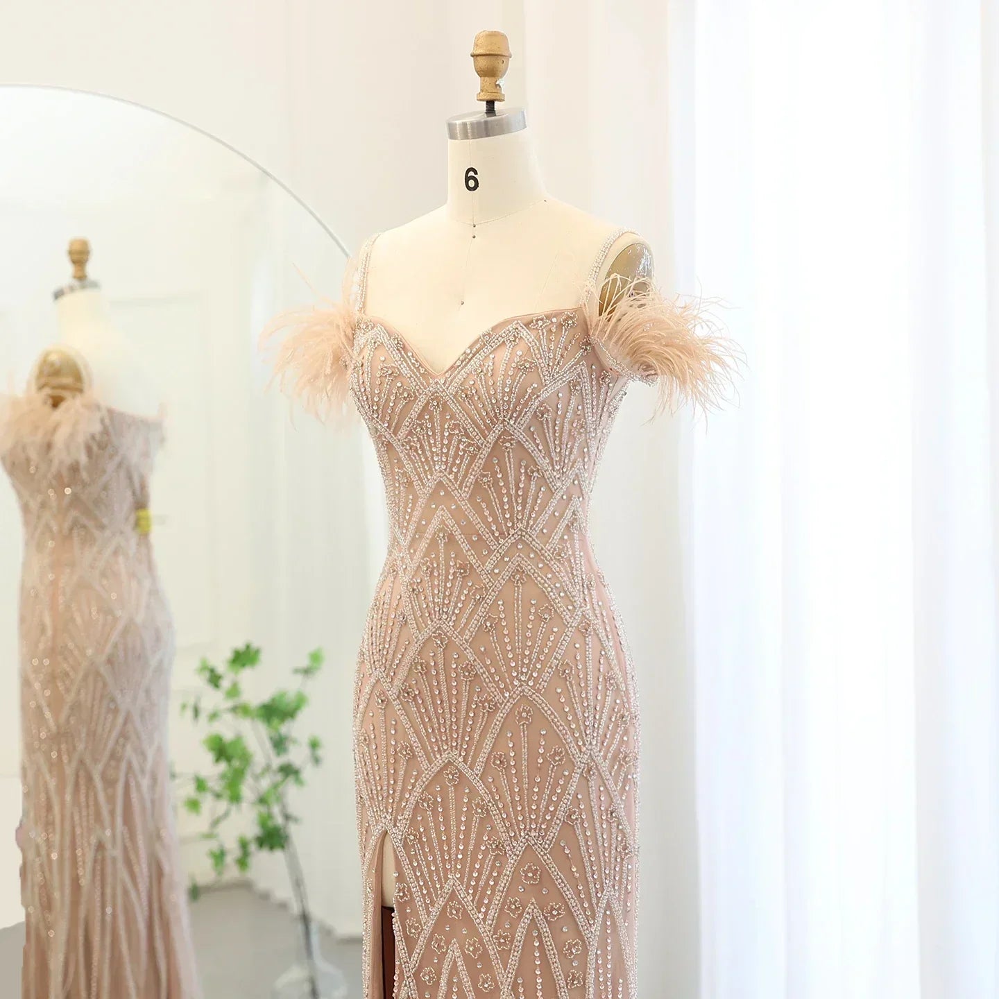 Feathers Beaded Long Prom Formal Gowns