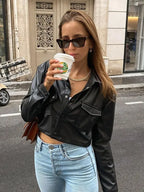 Cropped Lapel PU Leather Jacket