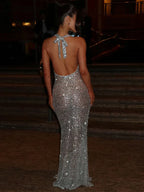 Sequins Crochet Halter Swinging Neck Long Dress