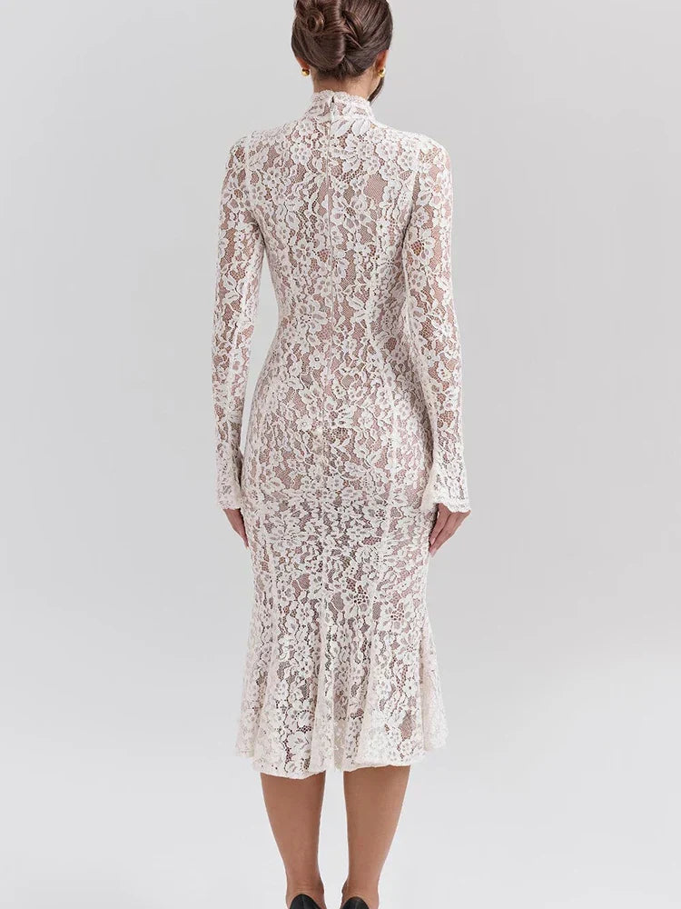Lace White Long Sleeve Turtleneck Dress