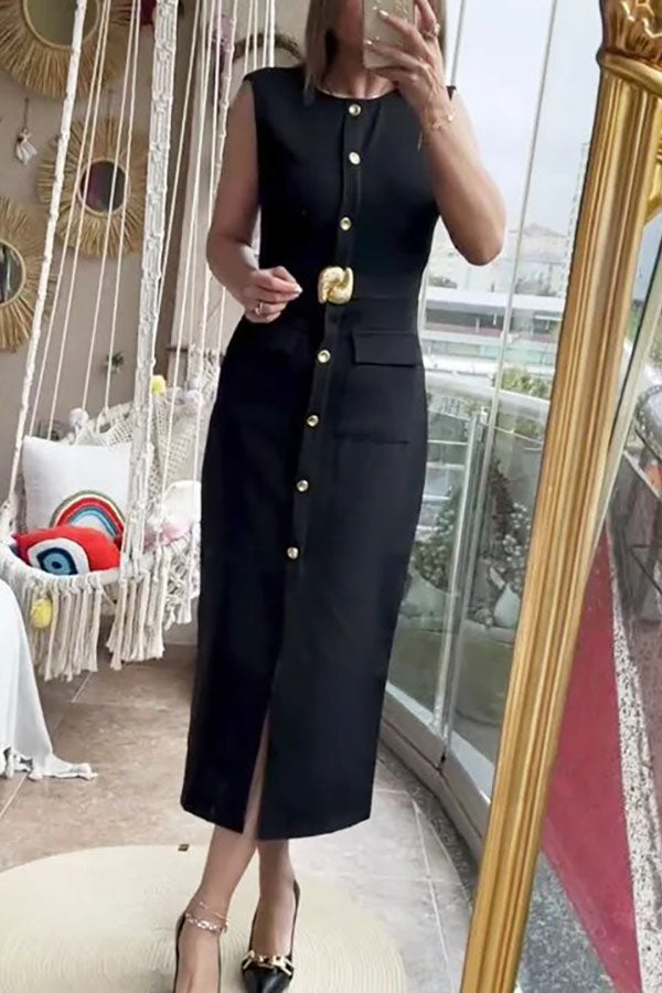 Danina Button Up Sleeveless Metal Belted Pocket Stretch Midi Dress