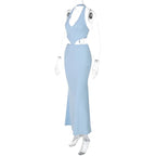 Halter Backless Blue Lace - up Maxi Dress