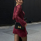 Wine Red Print Long Sleeves Knitted Dress