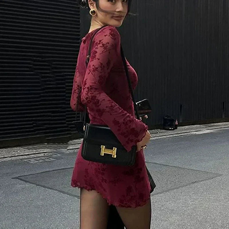 Wine Red Print Long Sleeves Knitted Dress