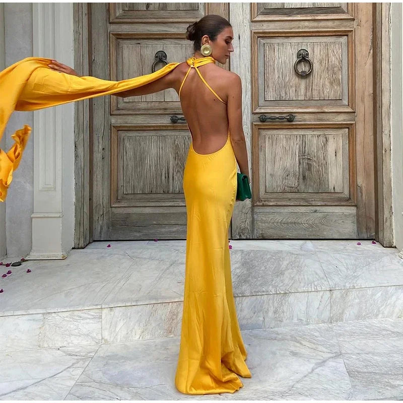 Yellow Satin Backless Lace - Up Off - Shoulder Maxi Dress