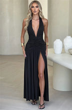 Open Back Solid Thigh High Split Long Dress