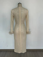 Long Sleeve Feathers Rhinestone Midi Dress