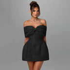 Bow Off Shoulder Backless A - line Jacquard Party Dress
