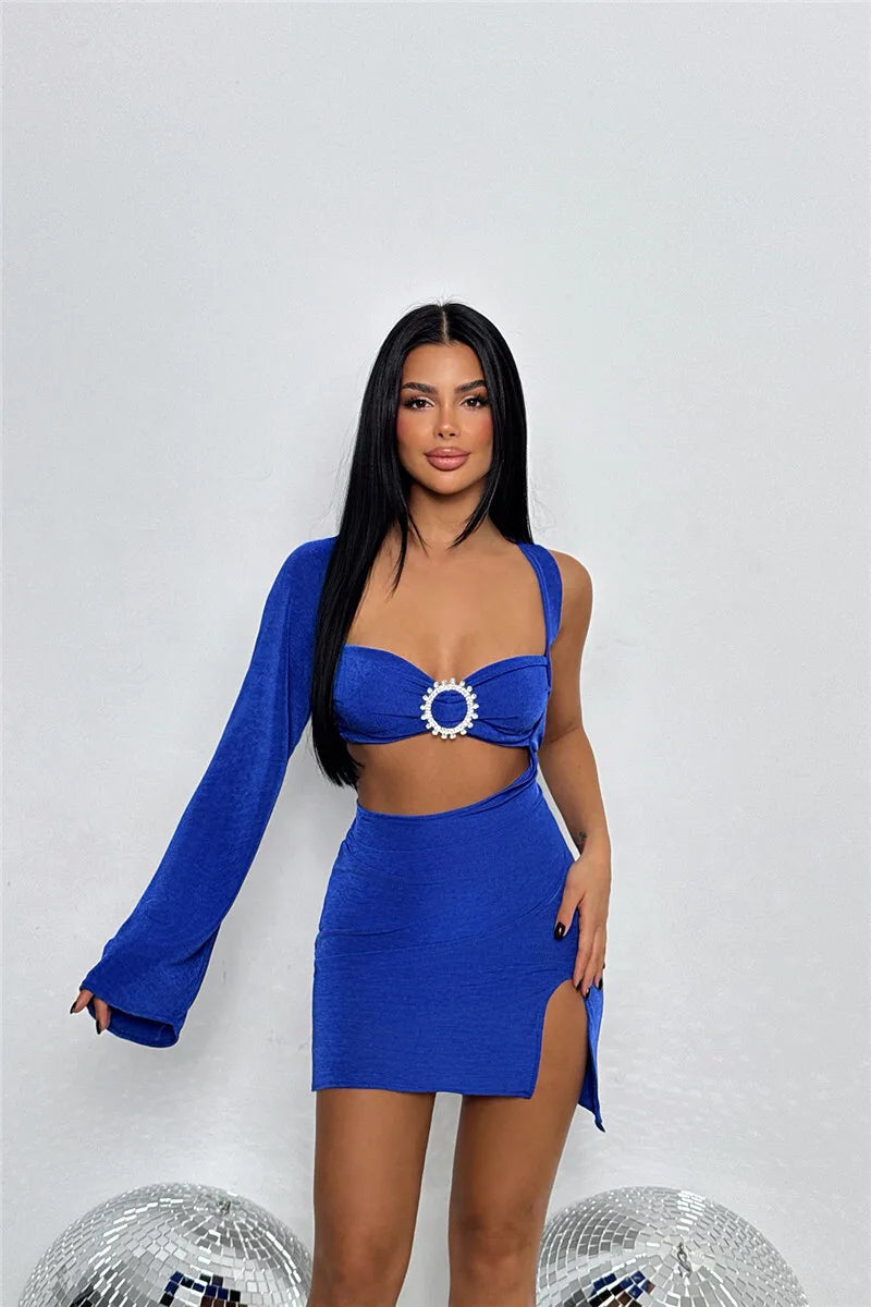 Hollow Out Backless One - Sleeve Side Slit Mini Dress