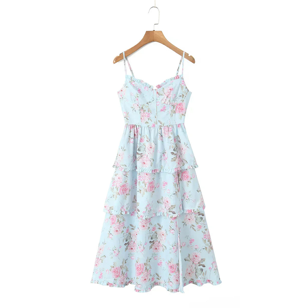Print Cross Lacing up Back Slit Midi Dress