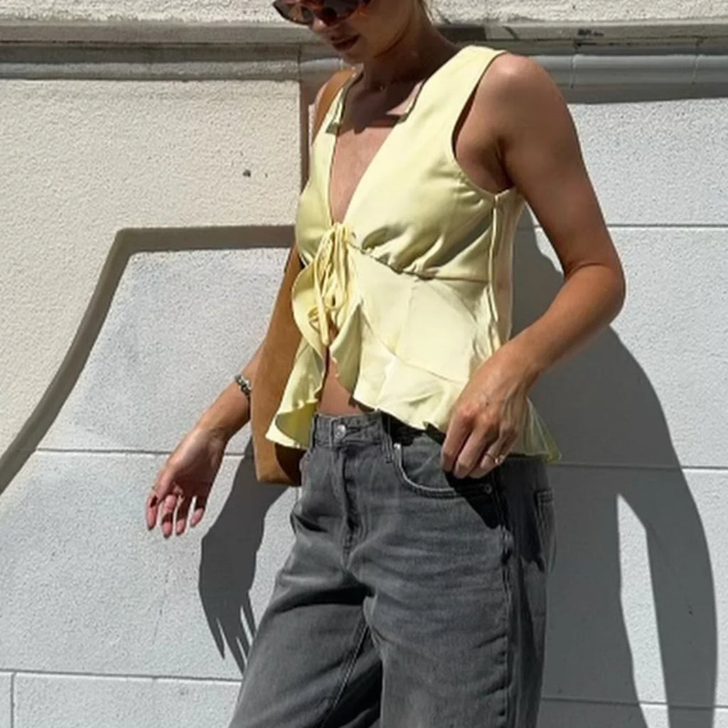 Bow Tieup VNeck Ruffled Hem Silky Cami Top