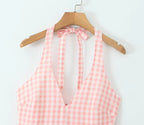 Pink White Plaid Bow Halter V Collar Midi Dress