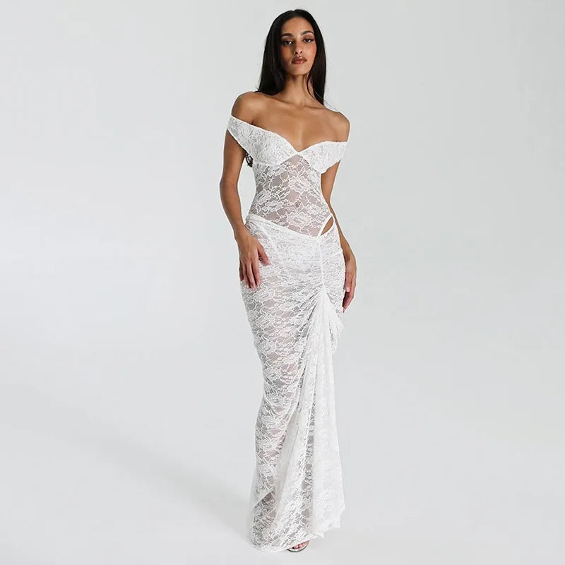 Lace Deep V Sleeveless Tight Split Long Dress