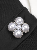 Lapel Mesh Patchwork Button Black Long Dress