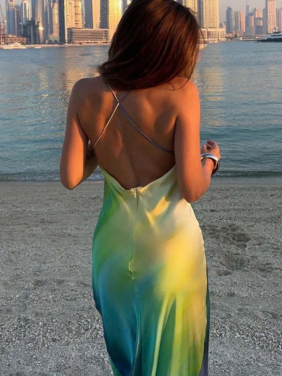Gradient Cami Vneck Backless Maxi Dress