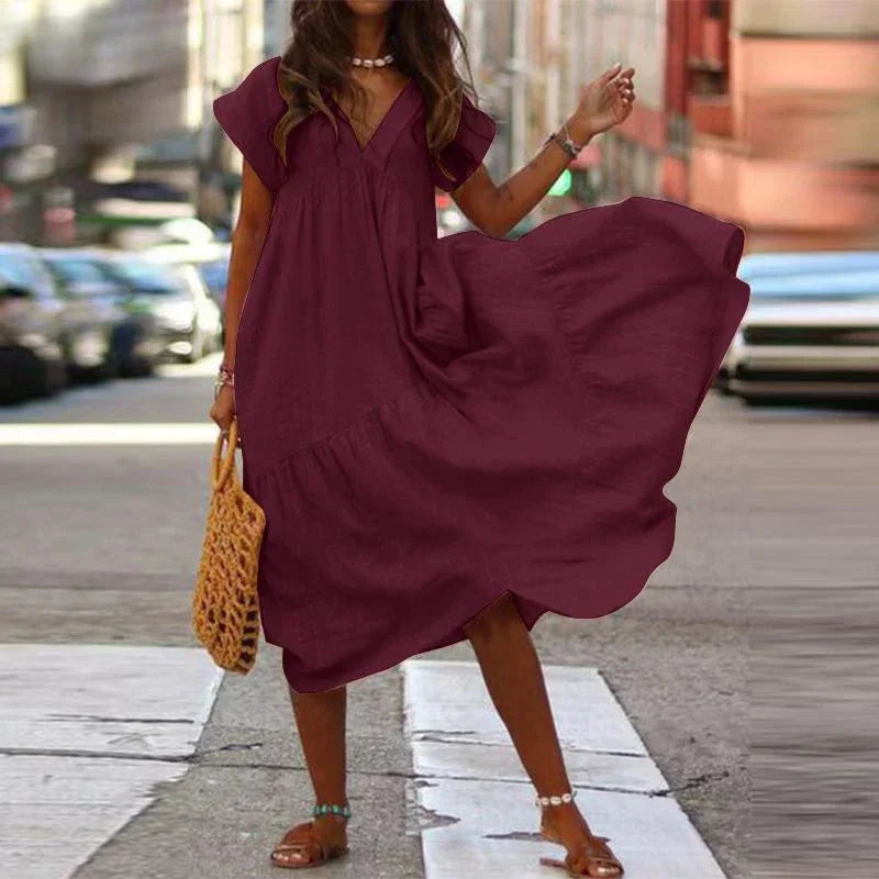 Cotton Linen Oversize Loose Vneck Boho Dress