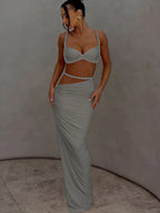 Orange Ruched Bandage Maxi Two Piece Skirt Set