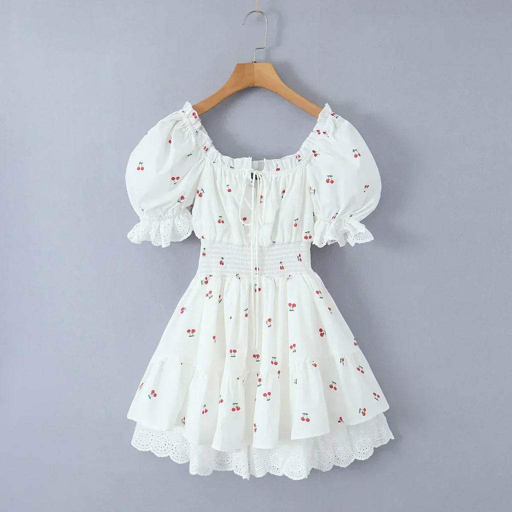 Print Puff Sleeve Ruffles Lace - up Mini Dress