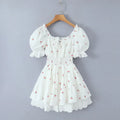 Print Puff Sleeve Ruffles Lace - up Mini Dress