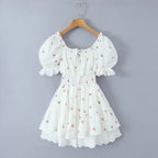 Print Puff Sleeve Ruffles Lace - up Mini Dress