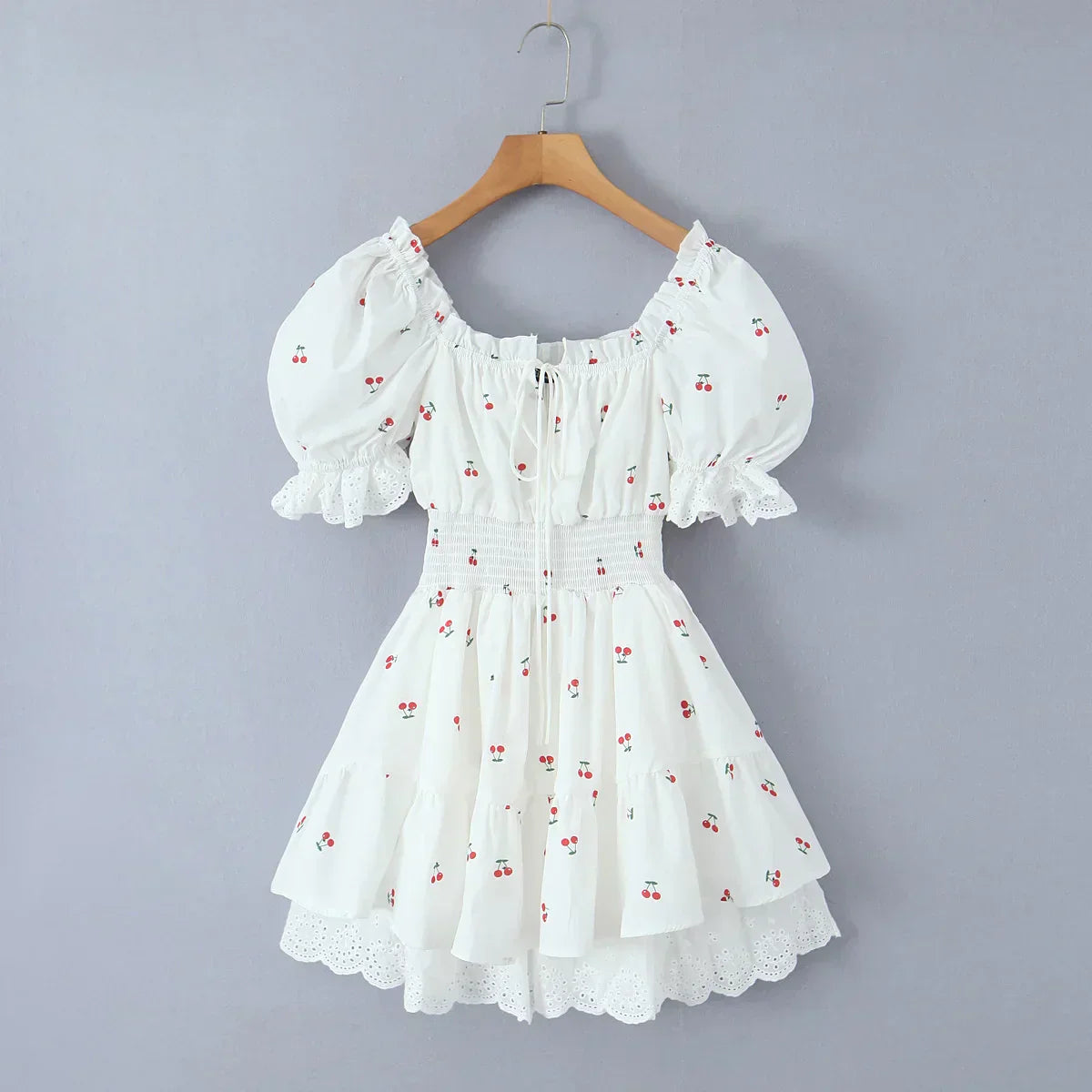 Print Puff Sleeve Ruffles Lace - up Mini Dress
