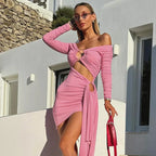 Pink Hollow Out Long Sleeved V - Neck Mini Dress