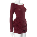 Pleated Off - Shoulder Long Sleeve Mini Dress