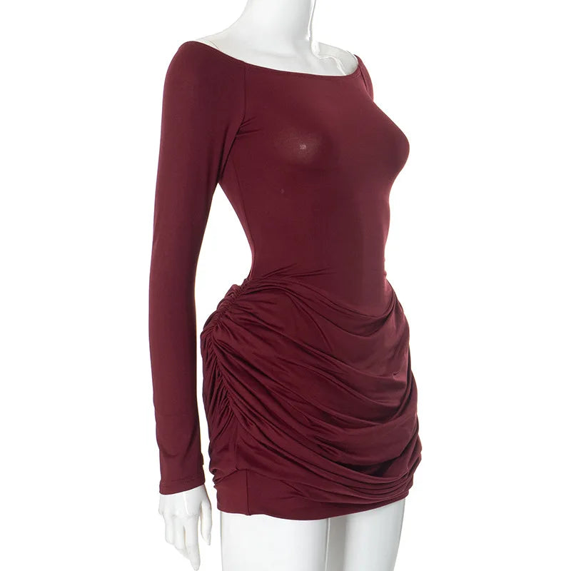 Pleated Off - Shoulder Long Sleeve Mini Dress