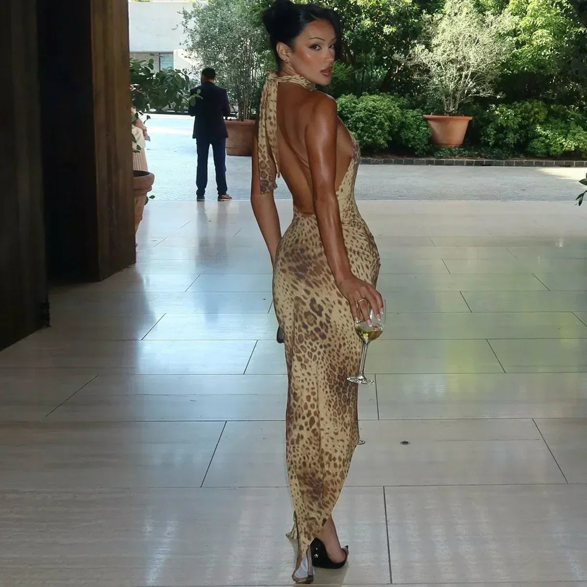 Halter Leopard Embellished Long Dress