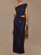 One Shoulder Exposed Waist Diamonds Long Dress