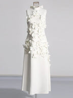 3D Flower Appliqué Mock Neck Midi Dress