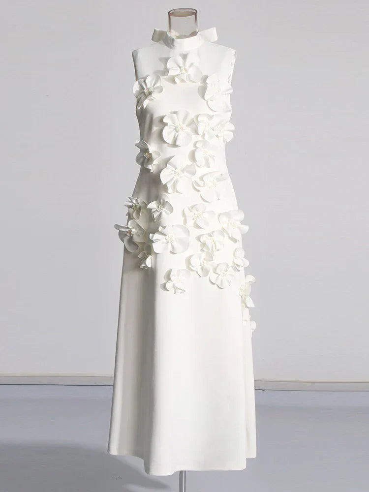 3D Flower Appliqué Mock Neck Midi Dress