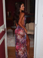 High Split Deep V Print Maxi Summer Dress