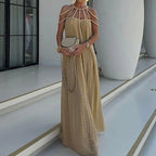 Solid Split Pleated Bandage Long Dress