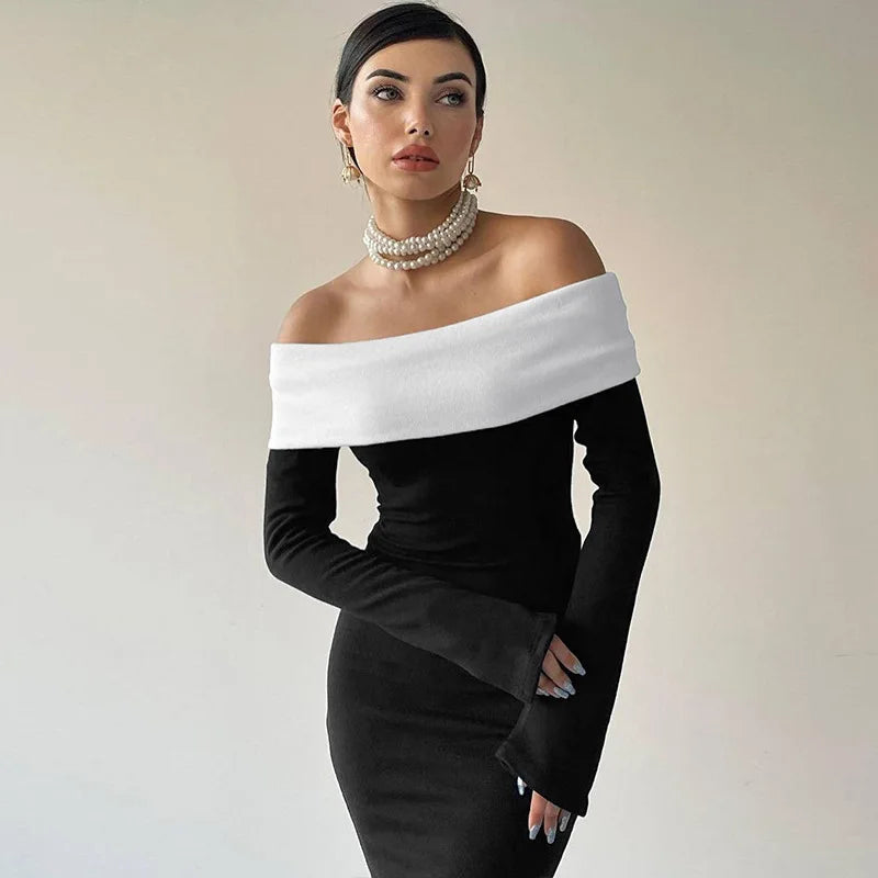 Black & White Off - the - Shoulder Maxi Dress with Long Sleeves