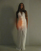 White Floral Halter Sleeveless Ruffled Long Dress
