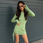 Drawstring Bandage Long Sleeve Mini Dress