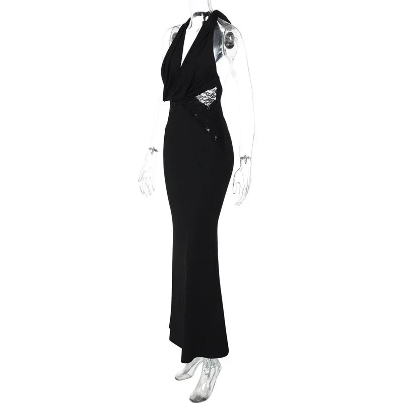 Halter Black Lace Off - shoulder Long Dress