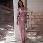 O - neck Full Sleeve Solid Color Mesh Dress